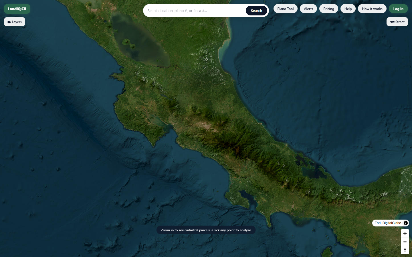 The LandIQ map showing a Costa Rica parcel boundary with data layers toggled on